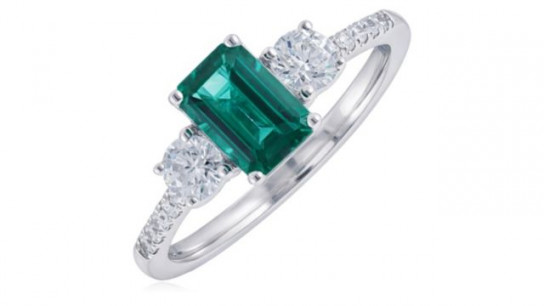 Fire Light 0.5ct Lab Grown Diamond 0.75ct Emerald Trilogy Ring 9ct Gold