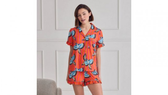 Chelsea Peers Parrot Stripe Ruffle Frill Short PJ Set