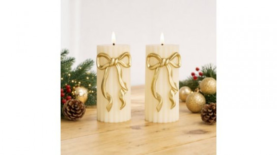 Home Stories Set Of 2 x 15cm LED Flameless Pillar Candles with Bow Design